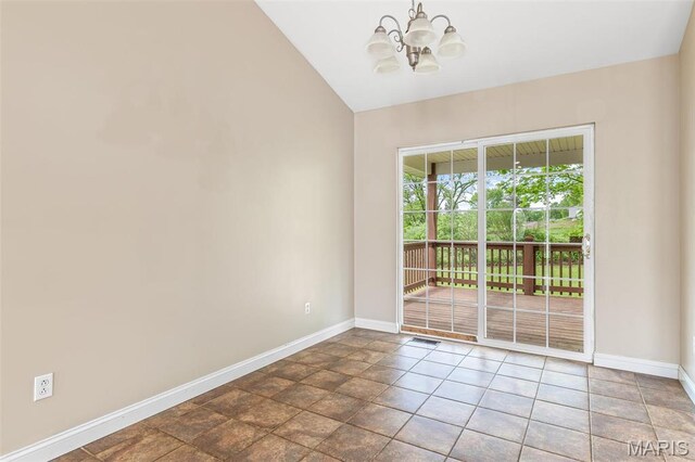 1824 Oak Knl, Farmington, MO 63640 - unfurnished room featuring baseboards, a chandelier, and lofted ceiling