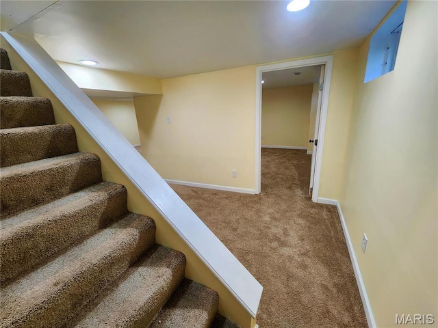 436 Hern Ave, Saint Louis, MO 63135 - staircase with carpet flooring, baseboards, and recessed lighting