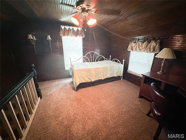bedroom with carpet, wooden ceiling, and ceiling fan