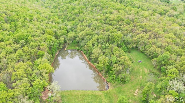 bird's eye view of a nearby body of water and a heavily wooded area