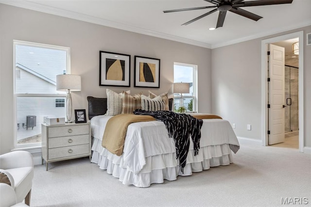 973 Tara Ct, Chesterfield, MO 63005 - carpeted bedroom with ornamental molding, ensuite bathroom, and ceiling fan