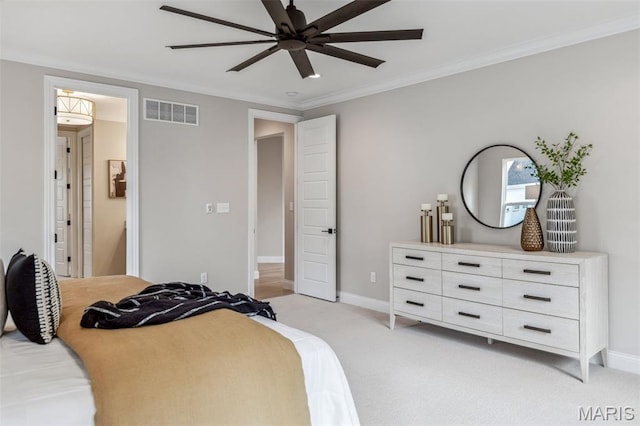 973 Tara Ct, Chesterfield, MO 63005 - bedroom with light colored carpet, ornamental molding, and a ceiling fan