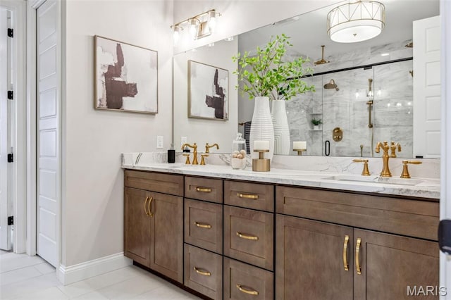 973 Tara Ct, Chesterfield, MO 63005 - full bathroom featuring double vanity, a marble finish shower, and tile patterned flooring