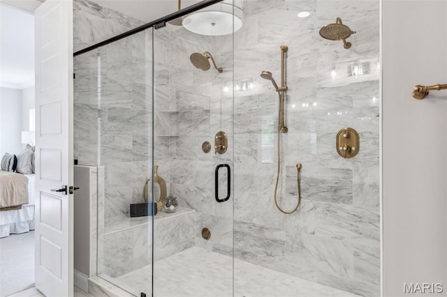 973 Tara Ct, Chesterfield, MO 63005 - full bathroom with ensuite bathroom, a stall shower, and ornamental molding