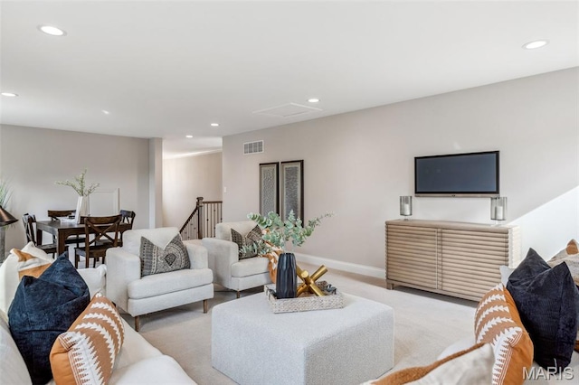 973 Tara Ct, Chesterfield, MO 63005 - living area featuring light colored carpet, recessed lighting, and attic access