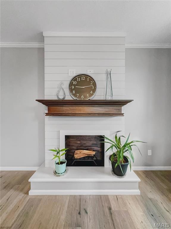 3242 Camp St, Saint Charles, MO 63301 - detailed view of a large fireplace, ornamental molding, wood finished floors, and baseboards