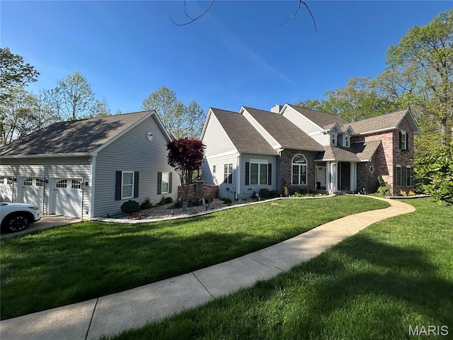 517 Old Logging Rd, Eureka, MO 63025 - view of front of property with brick siding, a front lawn, a garage, and a shingled roof