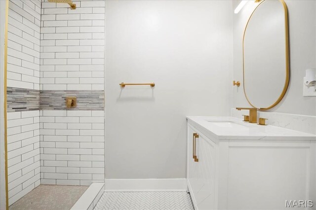 3431 California Ave, Saint Louis, MO 63118 - bathroom with vanity, tiled shower, and tile patterned flooring