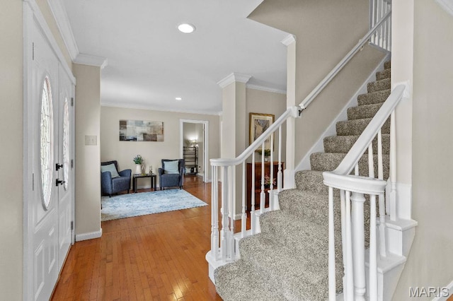 625 Pinebrook Dr, Town And Country, MO 63017 - foyer entrance with stairs, ornamental molding, hardwood / wood-style floors, baseboards, and recessed lighting