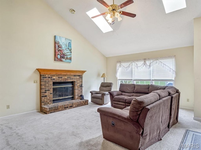 109 Miller Ct, Valmeyer, IL 62295 - living area featuring a skylight, carpet, ceiling fan, a fireplace, and high vaulted ceiling