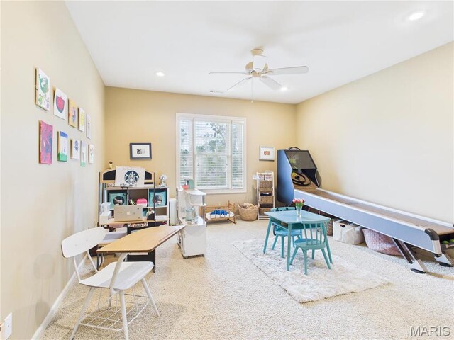 262 Woodland Hill Rd, Poplar Bluff, MO 63901 - recreation room featuring carpet flooring, ceiling fan, recessed lighting, and baseboards