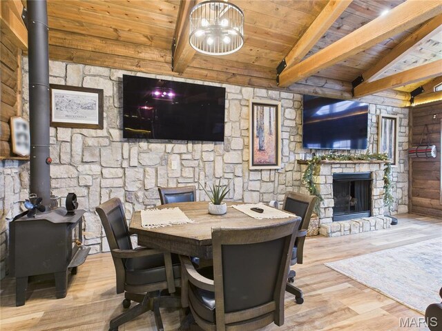 262 Woodland Hill Rd, Poplar Bluff, MO 63901 - dining area featuring wood ceiling, a wood stove, wood finished floors, and a fireplace