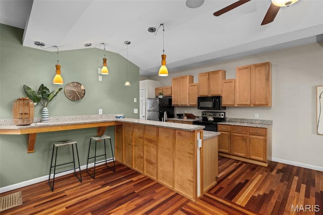 3318 Sidney St, Saint Louis, MO 63104 - kitchen featuring black appliances, lofted ceiling, dark wood finished floors, ceiling fan, and baseboards