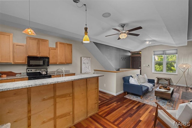 3318 Sidney St, Saint Louis, MO 63104 - kitchen featuring black microwave, stainless steel electric range, open floor plan, dark wood-style floors, and lofted ceiling