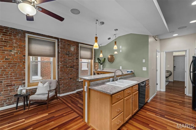 3318 Sidney St, Saint Louis, MO 63104 - kitchen with a sink, black appliances, wood finished floors, a ceiling fan, and brick wall