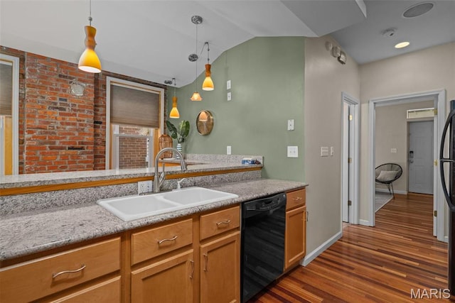 3318 Sidney St, Saint Louis, MO 63104 - kitchen featuring black appliances, a sink, dark wood-style flooring, lofted ceiling, and light countertops