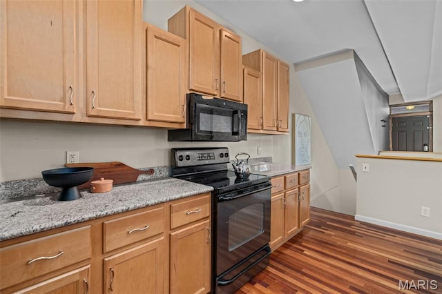 3318 Sidney St, Saint Louis, MO 63104 - kitchen with black appliances, dark wood finished floors, light stone counters, baseboards, and light brown cabinets