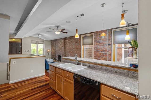 3318 Sidney St, Saint Louis, MO 63104 - kitchen featuring dishwasher, a sink, dark wood finished floors, vaulted ceiling, and ceiling fan