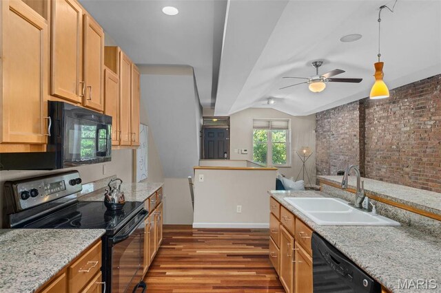 3318 Sidney St, Saint Louis, MO 63104 - kitchen featuring black appliances, a sink, light wood-type flooring, ceiling fan, and brick wall