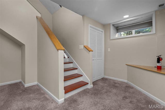 3318 Sidney St, Saint Louis, MO 63104 - stairway with carpet flooring, baseboards, and recessed lighting