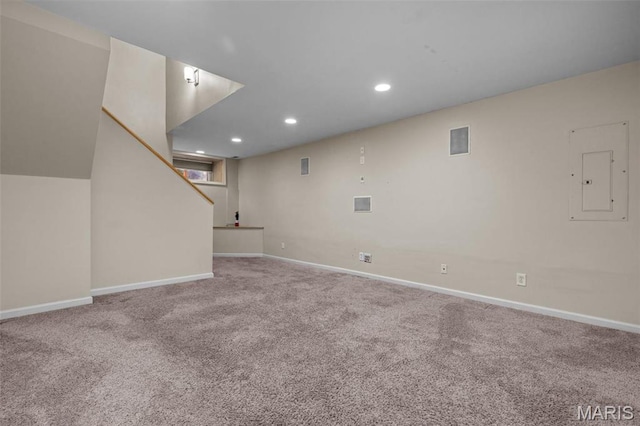 3318 Sidney St, Saint Louis, MO 63104 - finished below grade area featuring carpet, baseboards, recessed lighting, and stairs