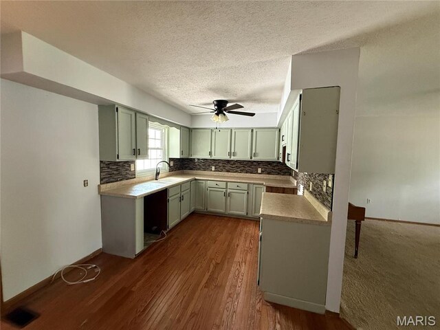 710 Ash St, Greenville, IL 62246 - kitchen with a ceiling fan, a textured ceiling, a sink, decorative backsplash, and dark wood-type flooring