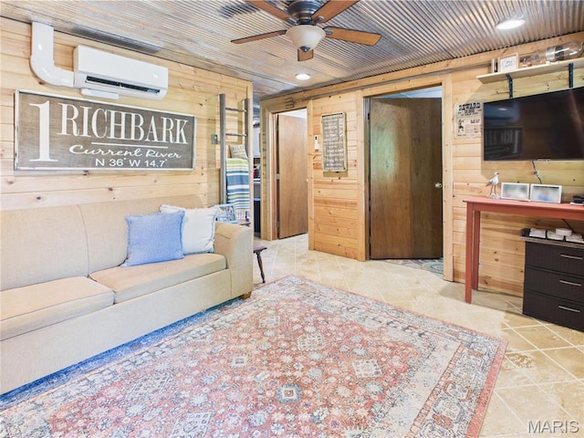 1 Richbark Ln, Van Buren, MO 63965 - living area featuring an AC wall unit, wooden walls, a ceiling fan, recessed lighting, and tile patterned flooring