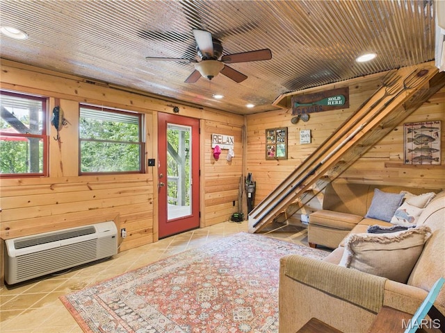 1 Richbark Ln, Van Buren, MO 63965 - living area with tile patterned floors, a wall mounted air conditioner, wood walls, recessed lighting, and ceiling fan