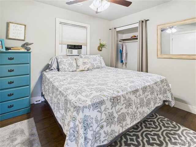 1 Richbark Ln, Van Buren, MO 63965 - bedroom featuring baseboards, dark wood-style flooring, a closet, ceiling fan, and cooling unit