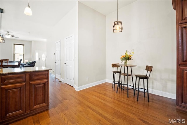 kitchen with wood finished floors, baseboards, and hanging light fixtures