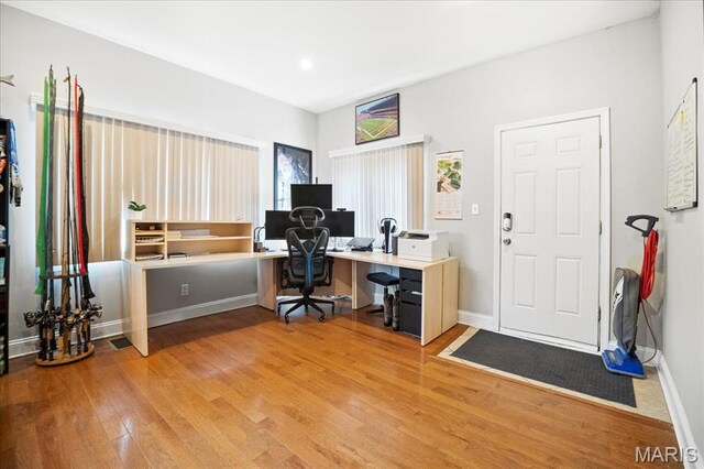 office area with wood finished floors, baseboards, and recessed lighting