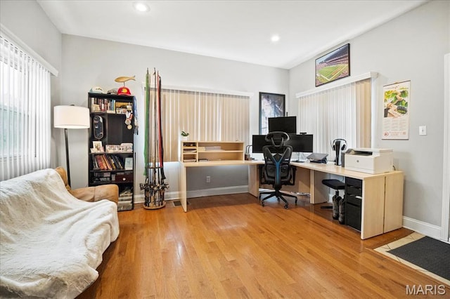 office area featuring wood finished floors, baseboards, and recessed lighting