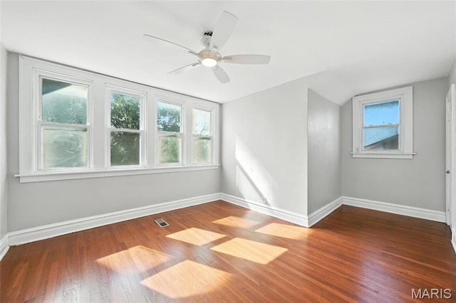 3604 Ridgedale Ave, Saint Louis, MO 63121 - unfurnished room featuring wood finished floors, vaulted ceiling, and ceiling fan