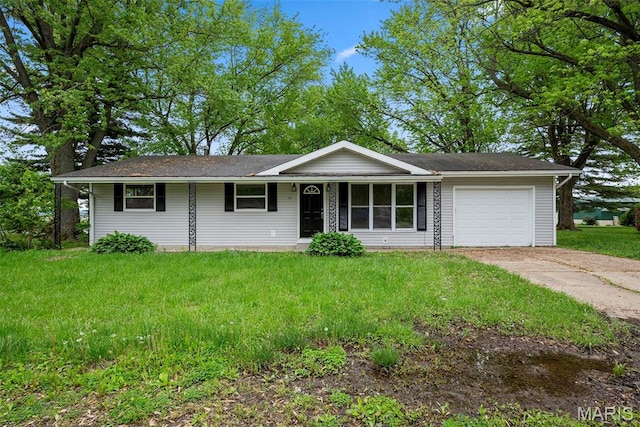 210 Scenic Dr, Elsberry, MO 63343 - ranch-style home with a garage, concrete driveway, a front lawn, and a porch