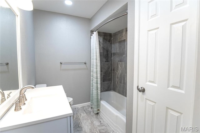 415 W James Blvd, St James, MO 65559 - bathroom with marble finish flooring, vanity, baseboards, shower / bath combo with shower curtain, and recessed lighting