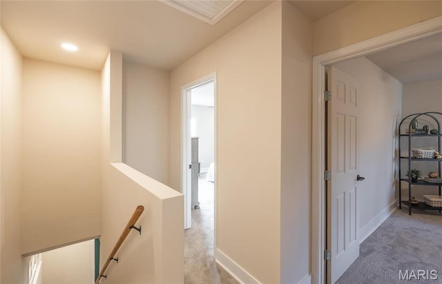 204 S 3rd St, De Soto, MO 63020 - hallway featuring carpet, an upstairs landing, and baseboards