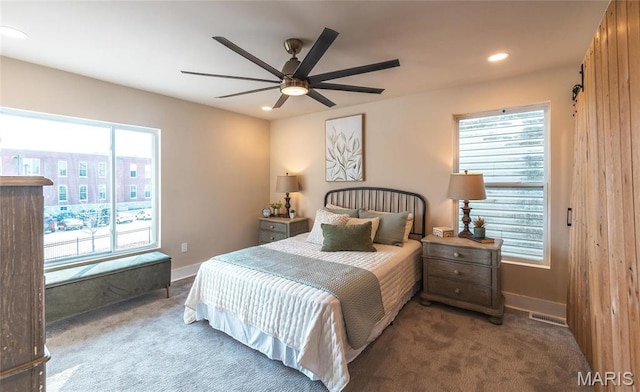 204 S 3rd St, De Soto, MO 63020 - carpeted bedroom with multiple windows, recessed lighting, baseboards, and ceiling fan