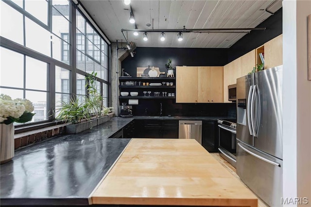 2020 Washington Ave Unit 713, Saint Louis, MO 63103 - kitchen with appliances with stainless steel finishes, light brown cabinets, a sink, open shelves, and rail lighting