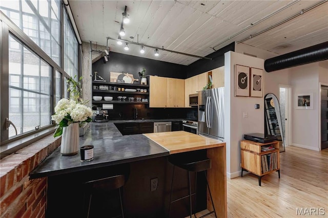 2020 Washington Ave Unit 713, Saint Louis, MO 63103 - kitchen with a peninsula, appliances with stainless steel finishes, light wood-type flooring, open shelves, and a sink