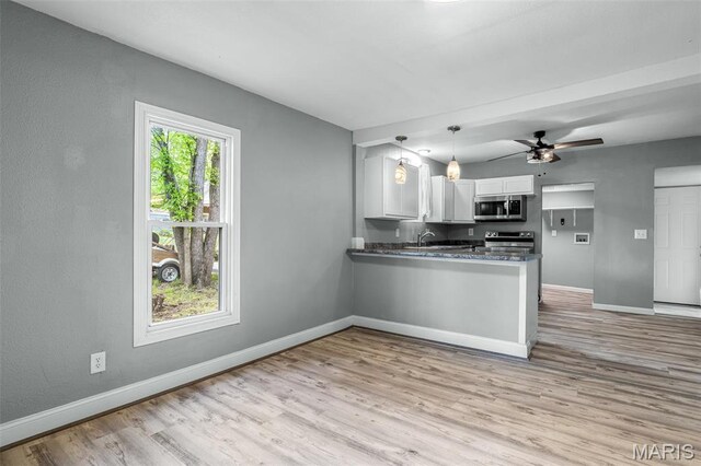 608 W Main St, Park Hills, MO 63601 - kitchen featuring stainless steel appliances, white cabinetry, light wood-style flooring, baseboards, and a peninsula
