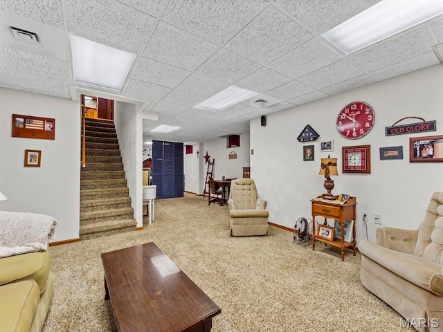 2700 Woods Way, Belleville, IL 62221 - living room featuring stairway, carpet flooring, a paneled ceiling, and baseboards