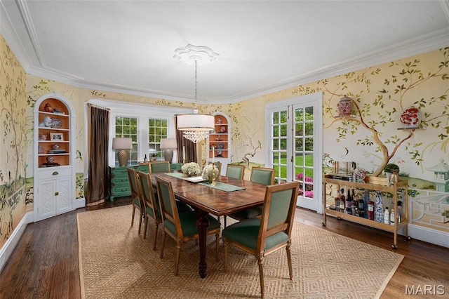 20 Picardy Ln, Ladue, MO 63124 - dining room with wallpapered walls, french doors, ornamental molding, wood finished floors, and baseboards