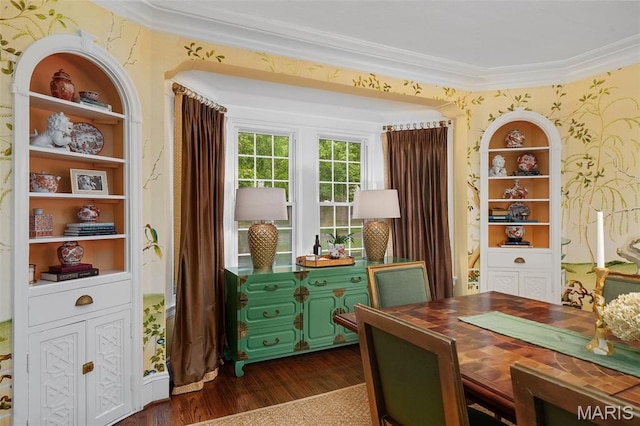20 Picardy Ln, Ladue, MO 63124 - office with crown molding, dark wood-style floors, and wallpapered walls