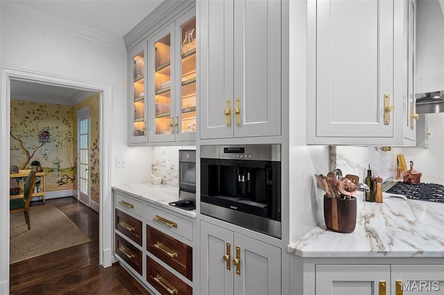 20 Picardy Ln, Ladue, MO 63124 - bar featuring crown molding, dark wood-style flooring, backsplash, stainless steel appliances, and baseboards