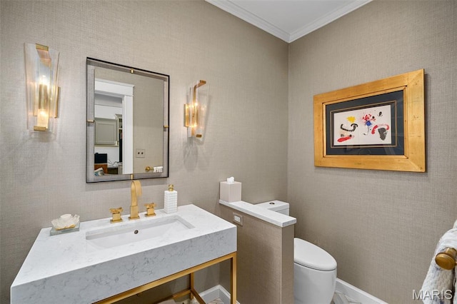 20 Picardy Ln, Ladue, MO 63124 - half bath featuring crown molding, toilet, and vanity