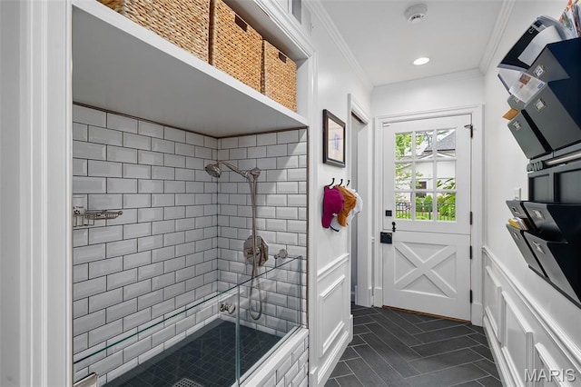 20 Picardy Ln, Ladue, MO 63124 - mudroom featuring dark tile patterned floors and crown molding