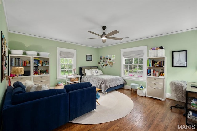 20 Picardy Ln, Ladue, MO 63124 - bedroom with ornamental molding, wood finished floors, baseboards, and a ceiling fan