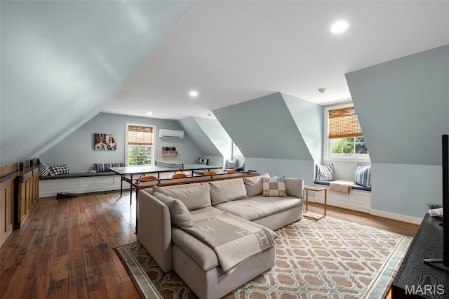 20 Picardy Ln, Ladue, MO 63124 - living room with hardwood / wood-style flooring, lofted ceiling, a wall unit AC, recessed lighting, and baseboards