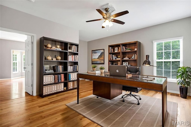 1587 Paradise Valley Dr, High Ridge, MO 63049 - office with a ceiling fan and light wood-style floors