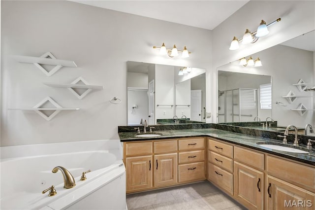 1587 Paradise Valley Dr, High Ridge, MO 63049 - full bathroom with a shower stall, double vanity, a jetted tub, and tile patterned flooring